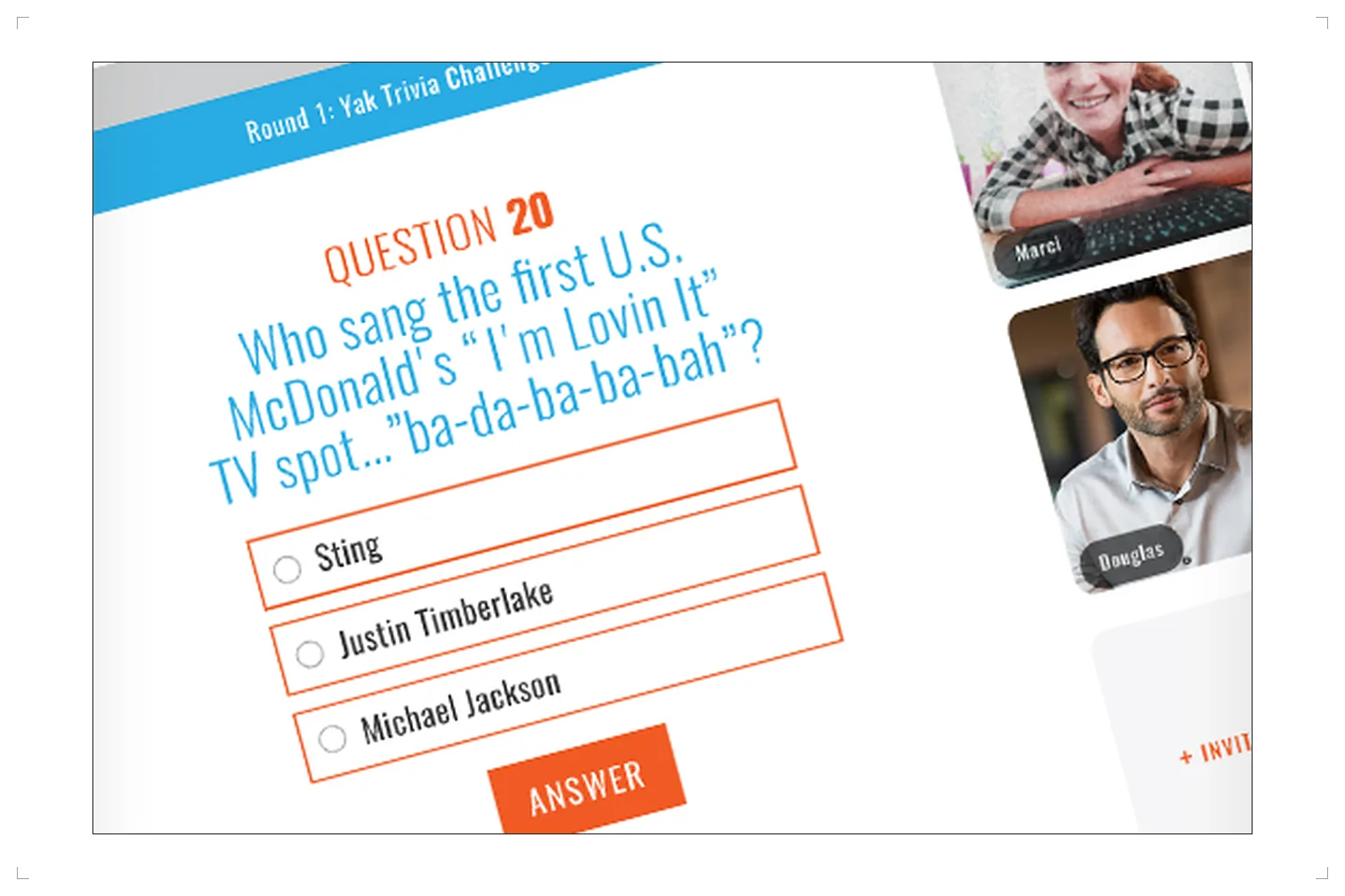 Supplied project image of the Yak Network quiz and participant video tiles in one screen.